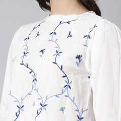 Elegant White Cotton Top With Blue Embroidery