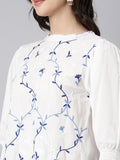 Elegant White Cotton Top With Blue Embroidery