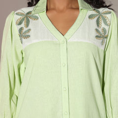 Pastel Green Sequined Work Shirt Dress