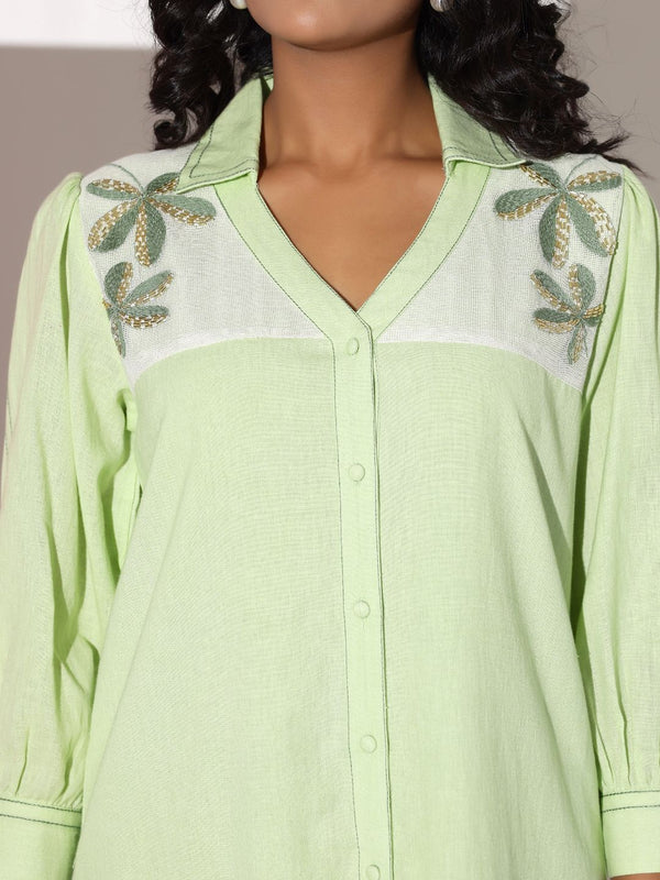 Pastel Green Sequined Work Shirt Dress