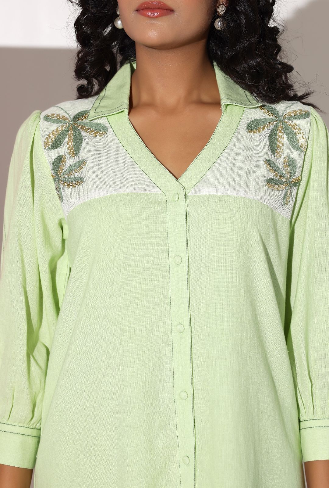Pastel Green Sequined Work Shirt Dress