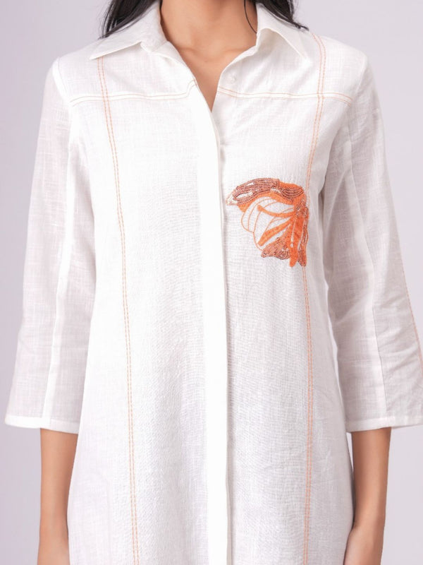 Airy Cotton Linen White Embroidered Midi Dress