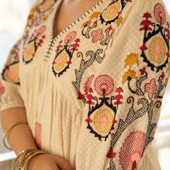 Elegant Cream Cotton Midi Dress with Embroidered Detail & V-Neckline