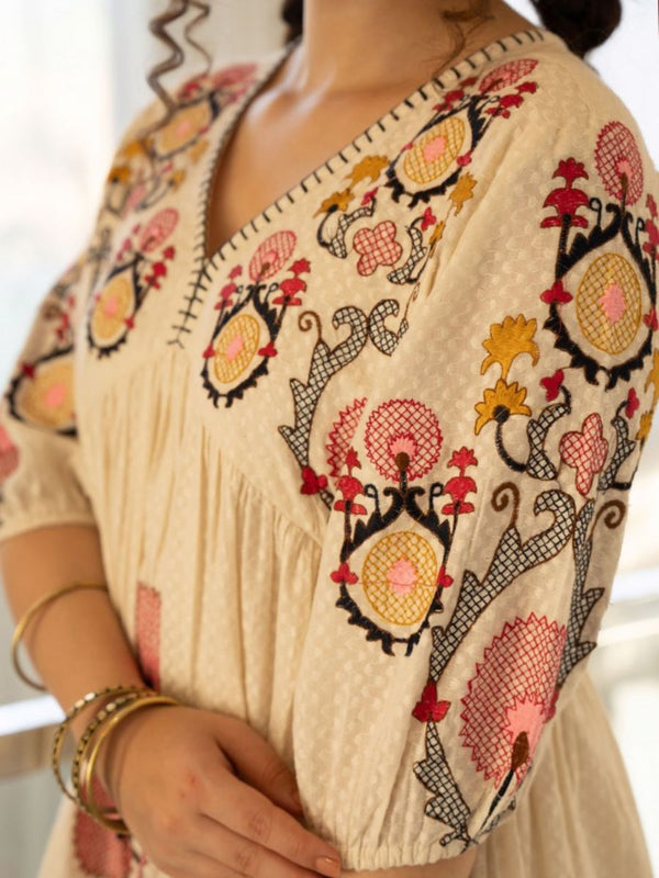 Elegant Cream Cotton Midi Dress with Embroidered Detail & V-Neckline