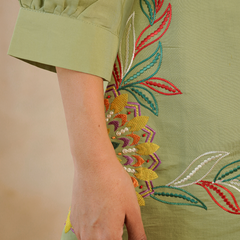 Olive Green Co-Ord: Detailed Central Embroidered Tunic and Wide Pants