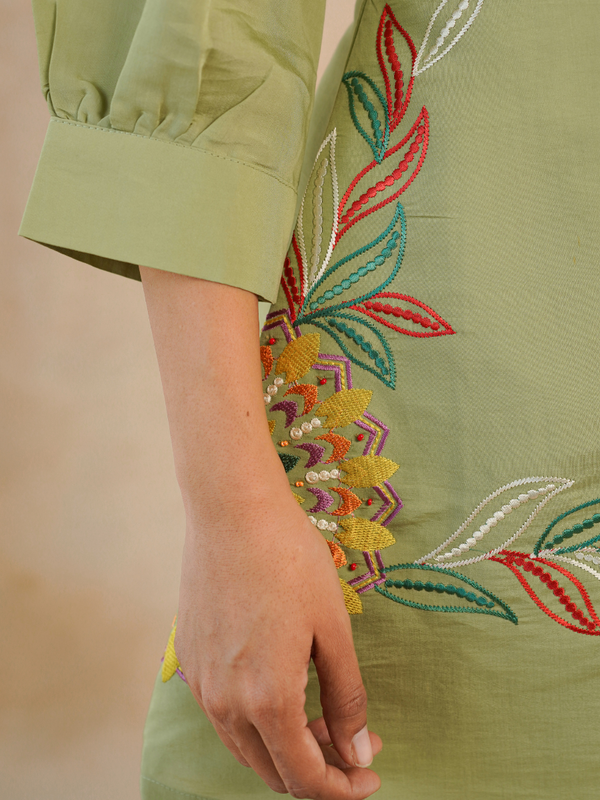 Olive Green Co-Ord: Detailed Central Embroidered Tunic and Wide Pants
