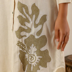 Beige flower embroidery Cotton Shirt Dress