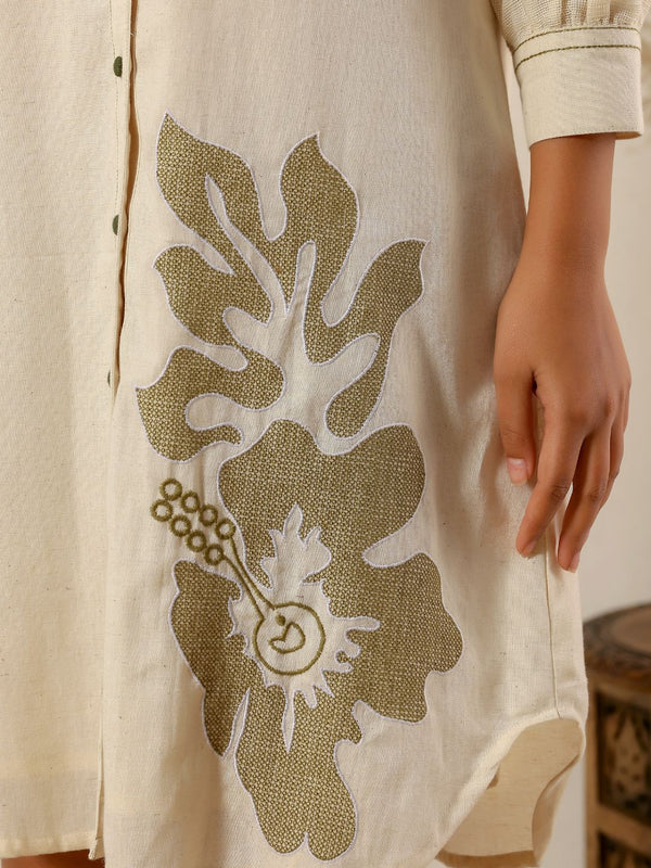 Beige flower embroidery Cotton Shirt Dress