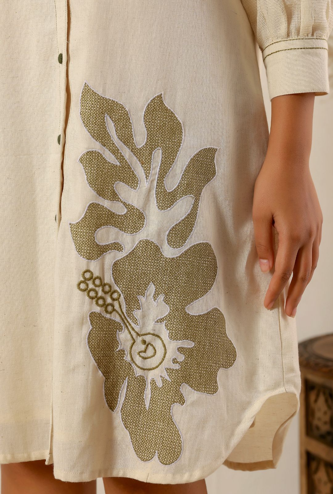 Beige flower embroidery Cotton Shirt Dress