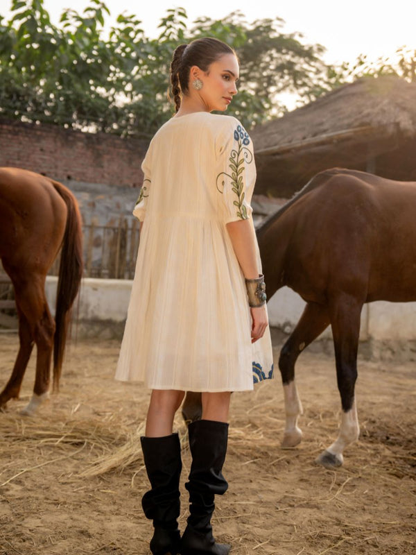 Cream Cotton Embroidered Midi Dress with V-Neck & Elbow Sleeves