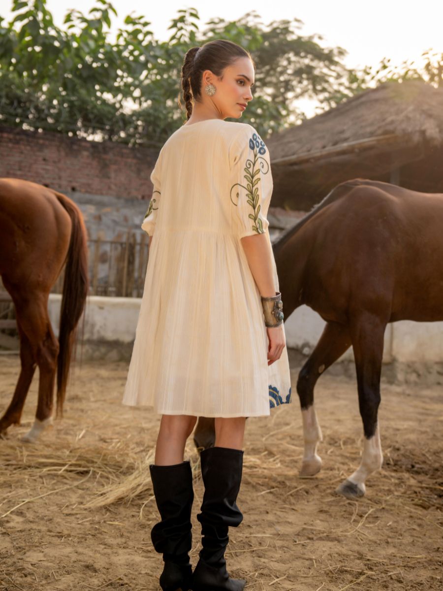 Cream Cotton Embroidered Midi Dress with V-Neck & Elbow Sleeves