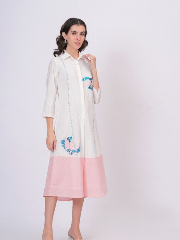 Pink Linen Embroidered Shirt Dress