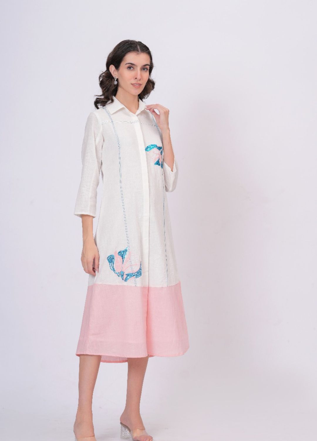 Pink Linen Embroidered Shirt Dress