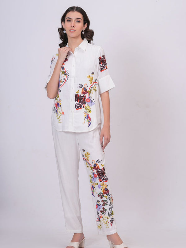 White Artistic Print Premium Cotton Co-Ord Set