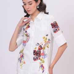 White Artistic Print Premium Cotton Co-Ord Set