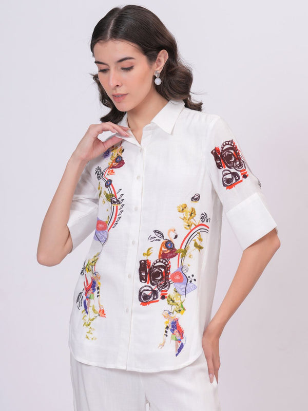 White Artistic Print Premium Cotton Co-Ord Set