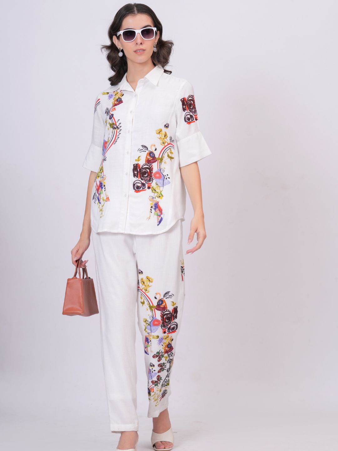 White Artistic Print Premium Cotton Co-Ord Set