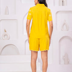 Yellow Button-Down Eyelet Embroidery Chic Co-Ord Set