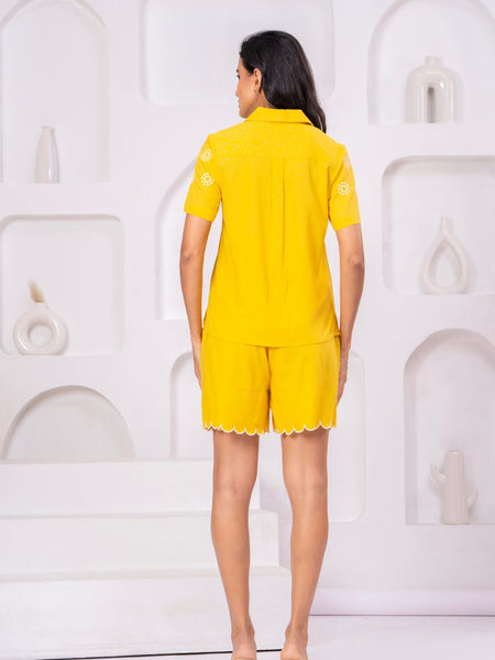 Yellow Button-Down Eyelet Embroidery Chic Co-Ord Set