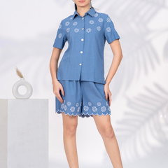 Elegant Blue Button-Down Embroidered Shorts Set