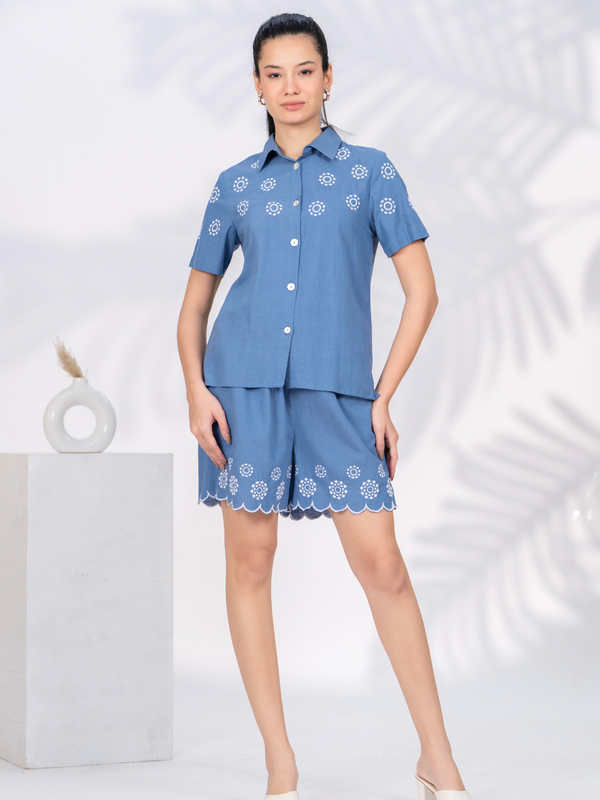 Elegant Blue Button-Down Embroidered Shorts Set