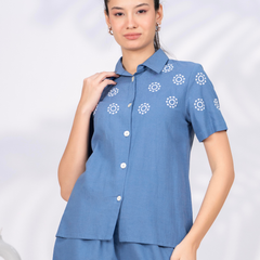 Elegant Blue Button-Down Embroidered Shorts Set