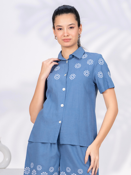 Elegant Blue Button-Down Embroidered Shorts Set