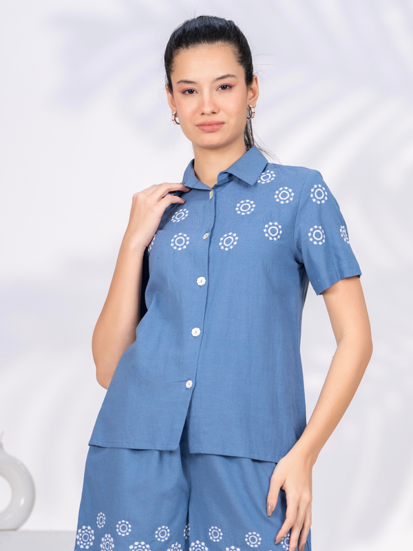 Elegant Blue Button-Down Embroidered Shorts Set
