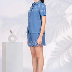 Elegant Blue Button-Down Embroidered Shorts Set