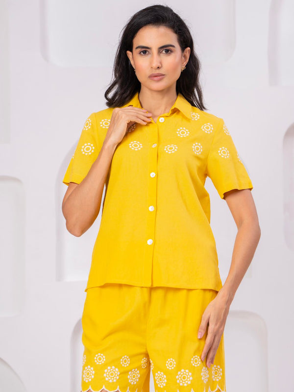 Yellow Button-Down Eyelet Embroidery Chic Co-Ord Set