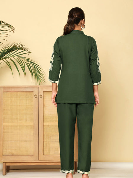 Green Floral Embroidered Cotton Co-ord Set