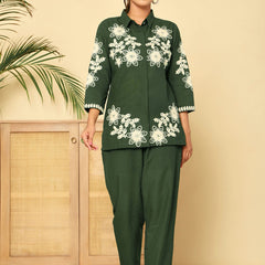 Green Floral Embroidered Cotton Co-ord Set