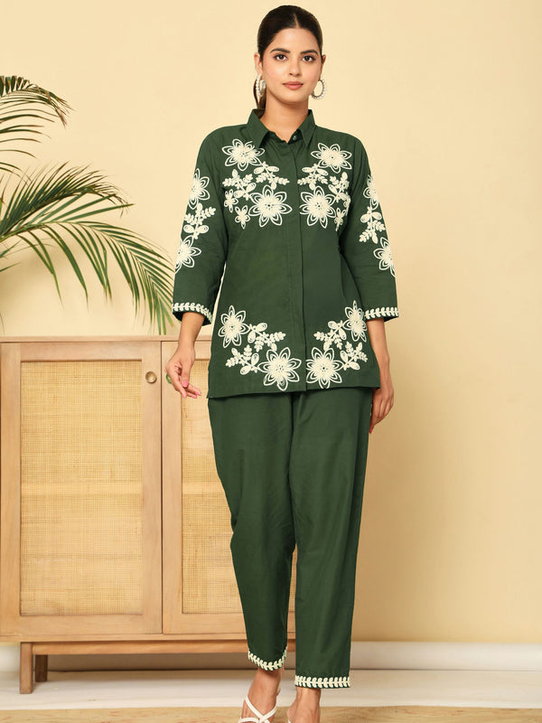 Green Floral Embroidered Cotton Co-ord Set