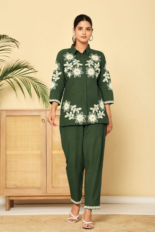Green Floral Embroidered Cotton Co-ord Set