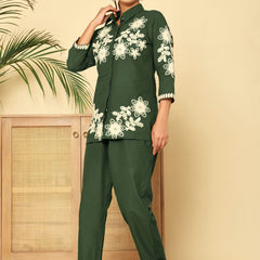 Green Floral Embroidered Cotton Co-ord Set