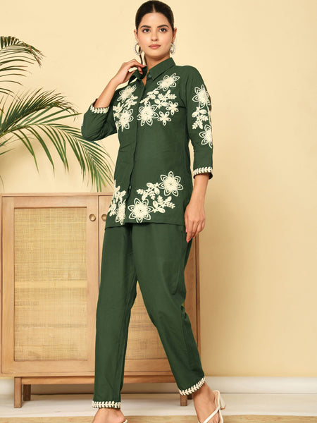Green Floral Embroidered Cotton Co-ord Set