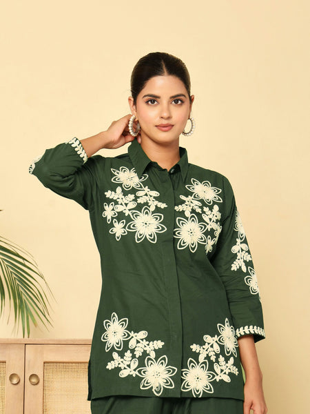 Green Floral Embroidered Cotton Co-ord Set