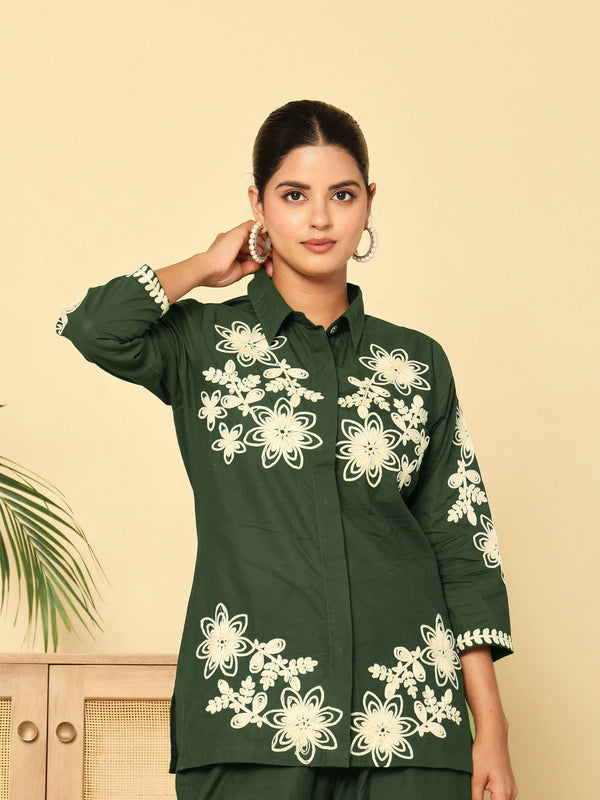 Green Floral Embroidered Cotton Co-ord Set