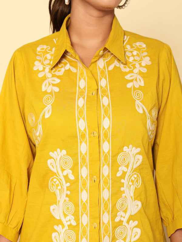 Mustard Meadow White Floral Embroidered Cotton Co-ord Set