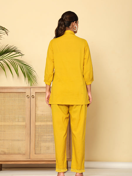 Mustard Meadow White Floral Embroidered Cotton Co-ord Set