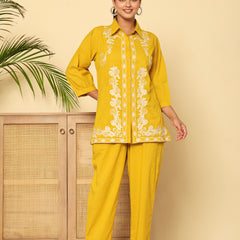 Mustard Meadow White Floral Embroidered Cotton Co-ord Set