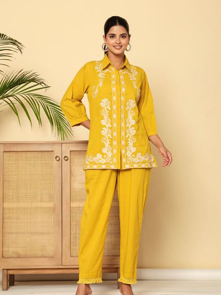 Mustard Meadow White Floral Embroidered Cotton Co-ord Set