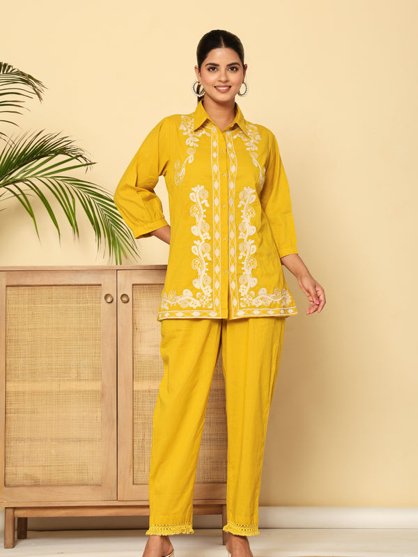 Mustard Meadow White Floral Embroidered Cotton Co-ord Set