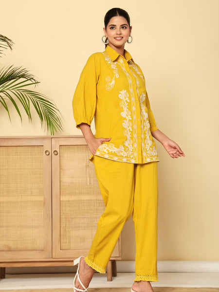 Mustard Meadow White Floral Embroidered Cotton Co-ord Set