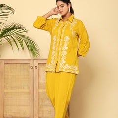 Mustard Meadow White Floral Embroidered Cotton Co-ord Set