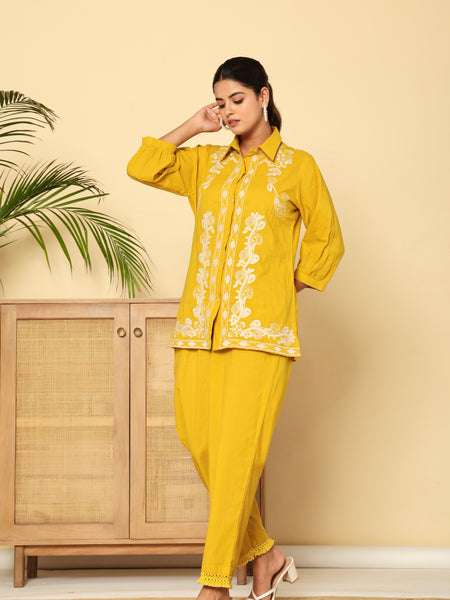Mustard Meadow White Floral Embroidered Cotton Co-ord Set