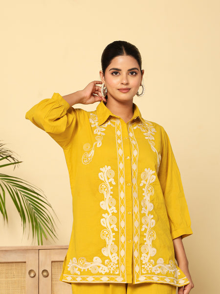 Mustard Meadow White Floral Embroidered Cotton Co-ord Set