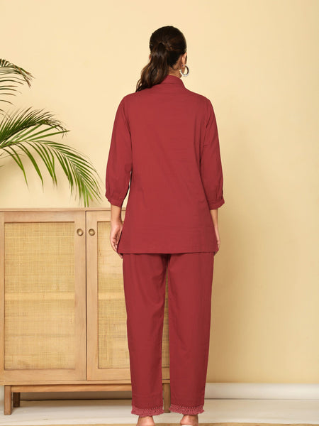 Floral Threadwork Maroon Co-ord Set