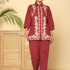 Floral Threadwork Maroon Co-ord Set