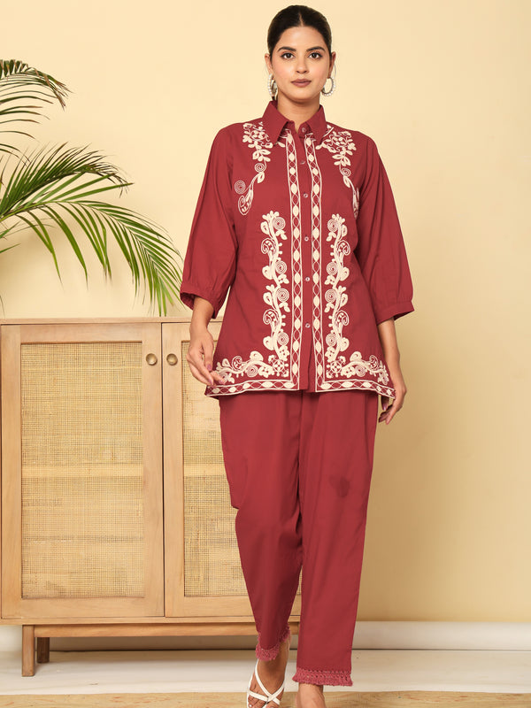 Floral Threadwork Maroon Co-ord Set